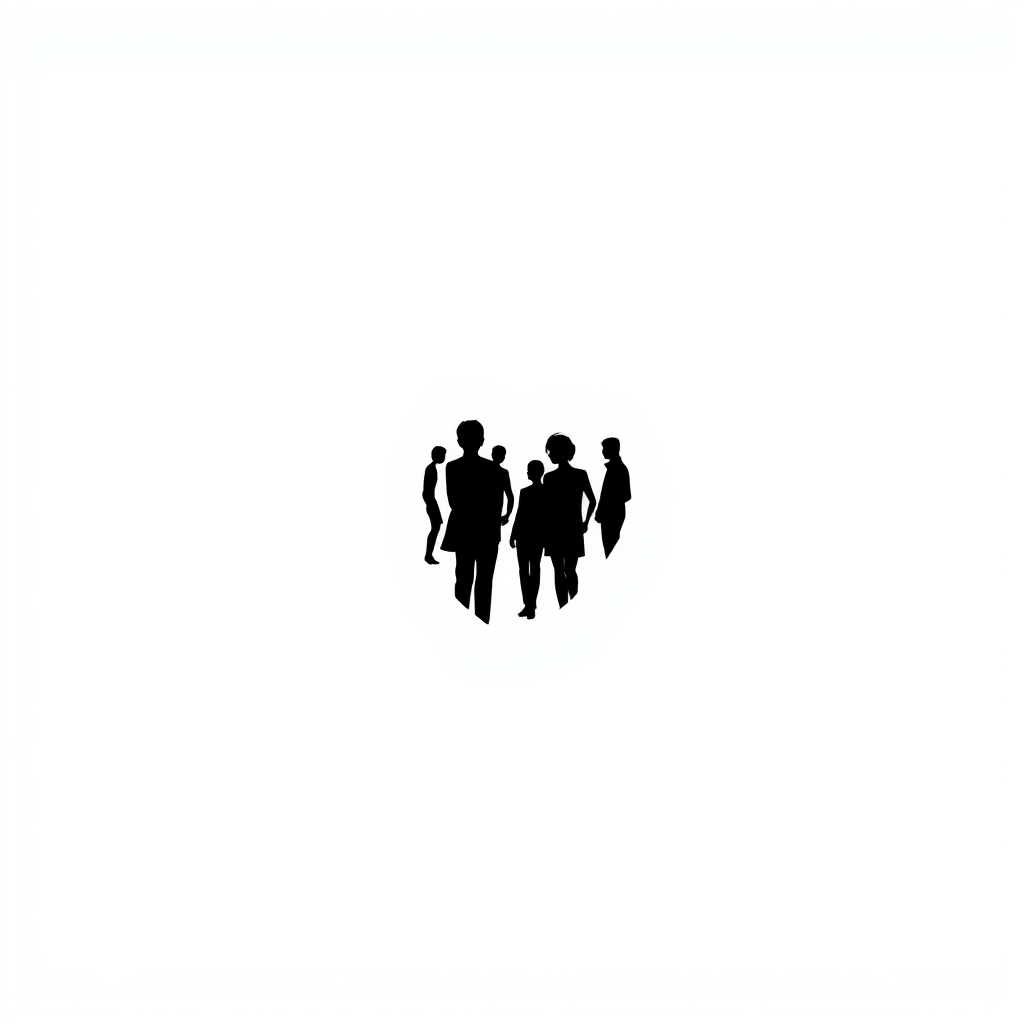 Generate a high-contrast black and white image of a stylized heart shape with abstract figures inside, captured with a Canon EOS R6, 50mm lens, f/1.8 aperture, ISO 100, in a minimalistic style.
