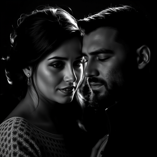 Create a high-contrast black and white portrait of a couple, focusing on dramatic lighting and shadows, using a DSLR camera with a 50mm lens, aperture set to f/1.8, ISO 200, shot in portrait orientation with a shallow depth of field.