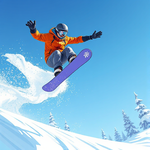 Create a vibrant illustration of a snowboarder mid-air performing a trick with snow flying around, using a wide-angle lens at 24mm, aperture f/4, shutter speed 1/1000s, high dynamic range for enhanced detail, in an action-oriented cartoon style.