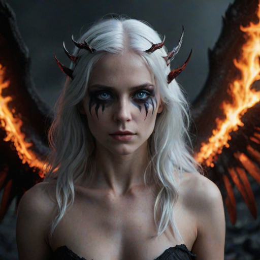 Misty Valley a close-up of a mysterious woman one half of her body and face is beautiful angelic appearance blue eyes white hair the other half of her body and face is demonic coal-black skin red eye and hair are burning with fire demonic horn on her back are wings corresponding to each part of the body. Dark atmosphere cinematic masterpiece clear focus