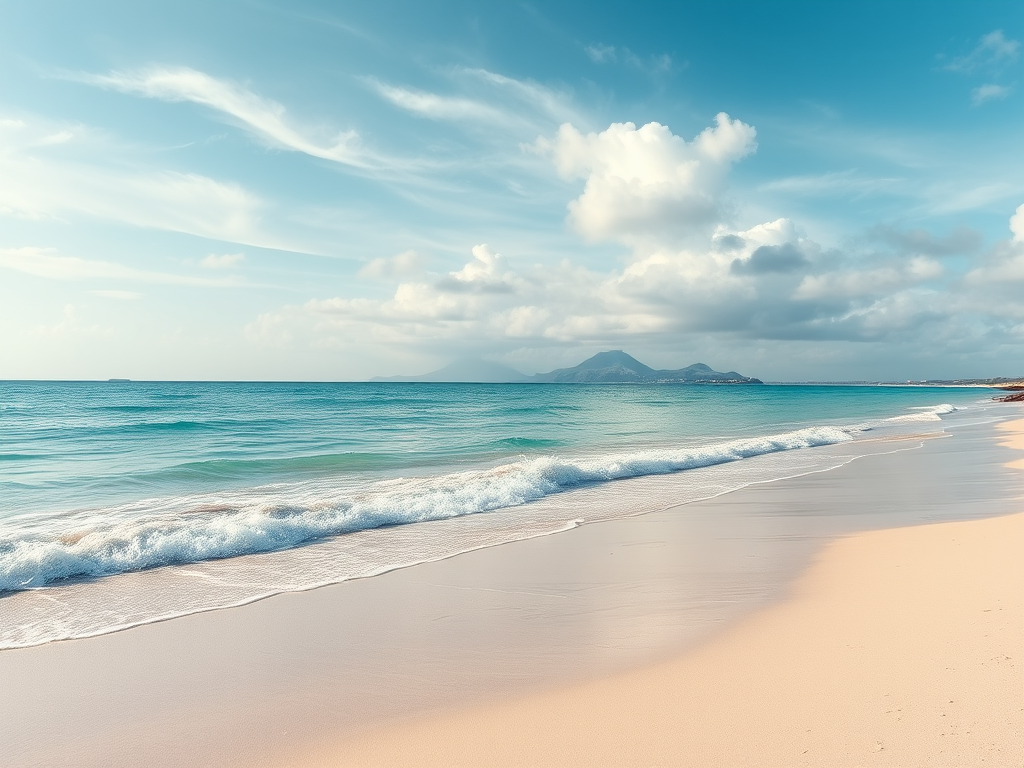 Generate a high-resolution image of a serene beach scene with a clear blue ocean and a distant mountain under a partly cloudy sky, captured with a DSLR camera, 24mm lens, f/8 aperture, 1/125 sec shutter speed, ISO 100, with a wide-angle view for enhanced perspective.