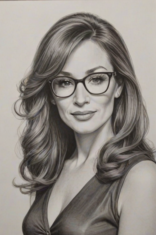 Captivating Lisa Ann Walter, pencil sketch, portrait of Elegant woman 1972s in glasses, hair style beatnik, outline, clear lines, fine lines, 8k
