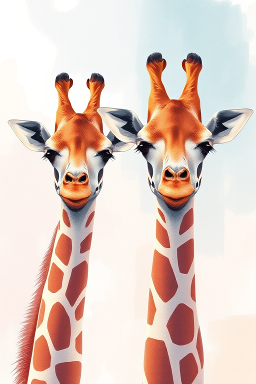 Create a digital illustration of two stylized giraffes with elongated necks, using soft pastel colors and fluid lines, captured in a close-up view with a watercolor effect, using a Canon EOS R with an aperture of f/2.8, ISO 100, and a 50mm lens.