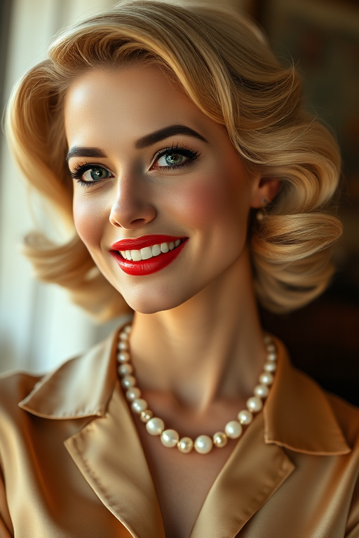 A beautiful Sephardic woman reminiscent of 1950s Hollywood glamour, with perfectly styled blonde hair and a seductive smile, dressed in a satin blouse and adorned with pearls, soft and warm tones, photorealistic, 8K