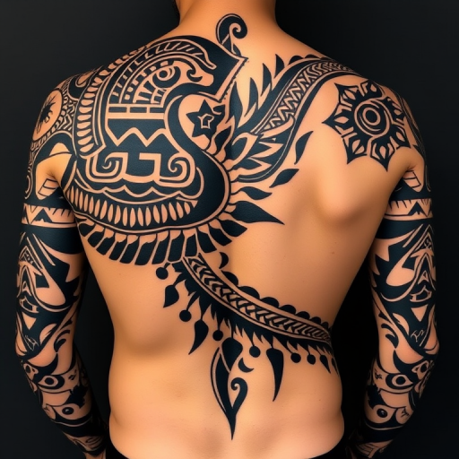 Tribal-inspired polynesian tattoo featuring bold black patterns and intricate geometric shapes, wrapping around the body to tell a personal story through traditional symbolism
