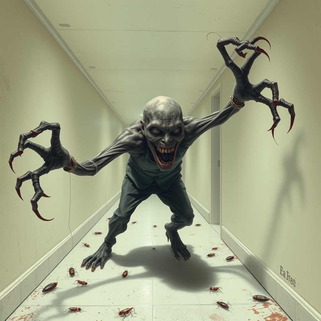 a crooked male with long arms and a creepy smile is crawling along a long white corridor and you can also see cockroaches in it there is a creepy atmosphere creepy art style