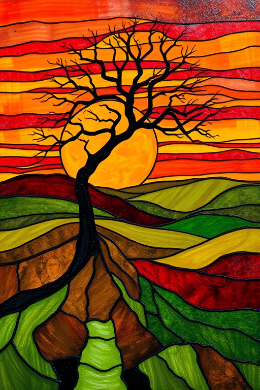 A vibrant abstract painting on Tiffany Glass, blending acrylic and alcohol ink techniques, captures a dramatic sunset over rolling hills. The artwork features a textured, rocky foreground in green and brown, layered abstract hills, and a striking sunset in rich oranges, yellows, and reds. A solitary black tree with intricate branches contrasts against the fiery sky, creating a dynamic and expressive portrayal of a breathtaking natural scene.