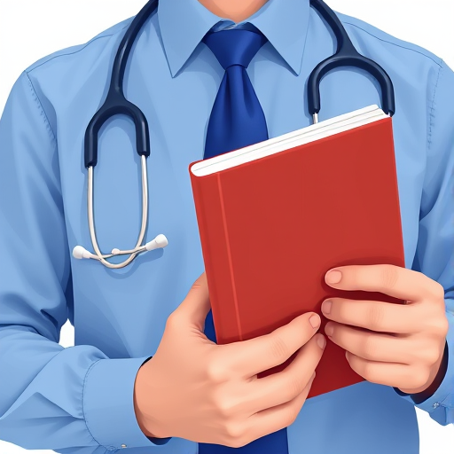 Create an illustration of a person in a blue shirt and a blue tie holding a book with a stethoscope in the background, using a DSLR camera with a 50mm lens, aperture f/2.8, ISO 100, and a soft focus effect to enhance the image quality.
