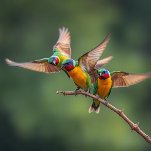 capture a dynamic scene of colorful birds in mid-flight on a branch, use a DSLR camera with a 300mm lens, set aperture to f/5.6, ISO 400, shutter speed 1/1000s, shoot in raw format for enhanced quality, focus on the details of their feathers, use a shallow depth of field to blur the background.