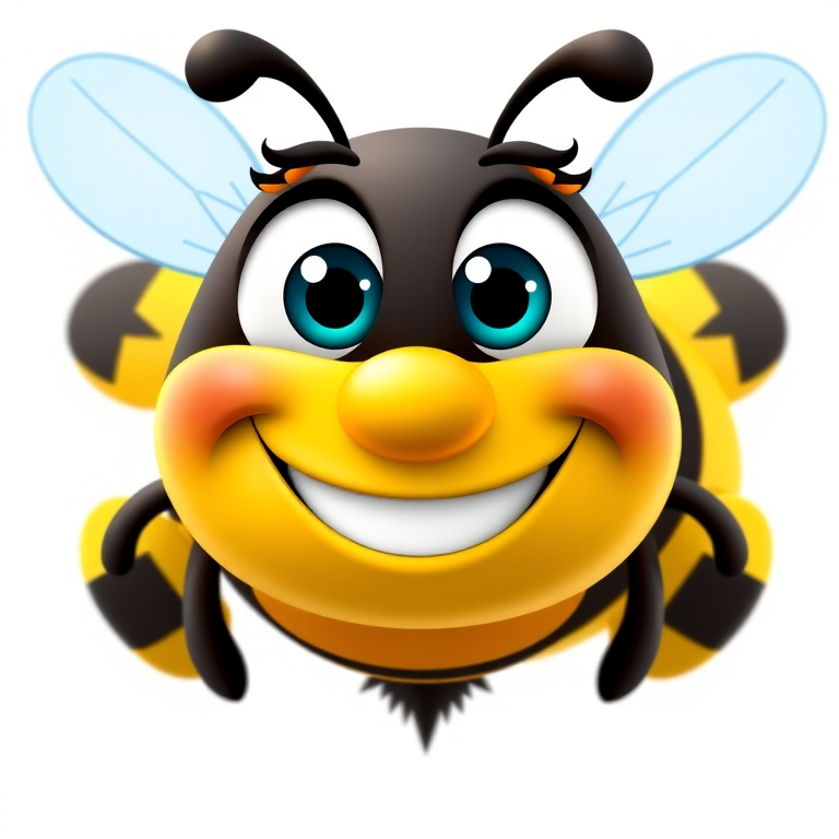 Create a high-resolution cartoon bee character with a smiling face, large expressive eyes, vibrant yellow and black stripes, and translucent blue wings on a solid white background, captured with a DSLR camera at f/4 for a sharp focus, 50mm lens for a close-up view, and daylight lighting for enhanced colors.