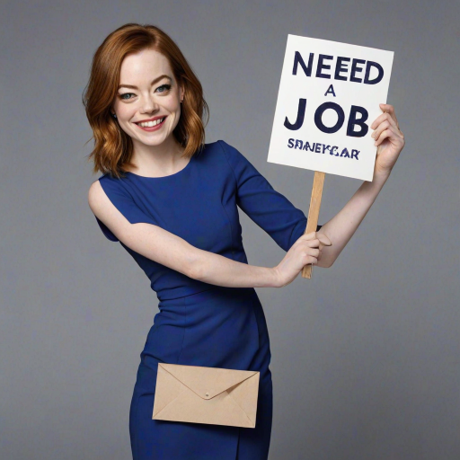 caricature of a smiling Emma Stone in a Cobalt dress or suit, holding up a sign that says "NEED A JOB", no watermark,