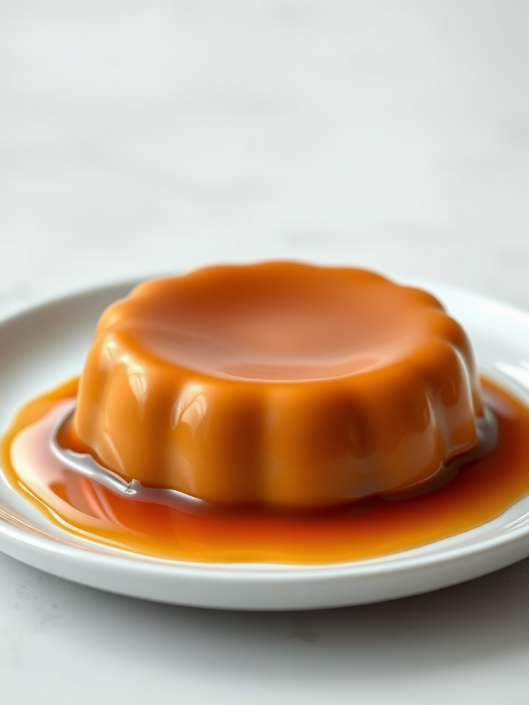 Create a highly detailed 3D rendering of a smooth, shiny caramel pudding on a white plate, using a DSLR camera with a 50mm lens, aperture f/1.8, ISO 100, and a shallow depth of field to emphasize the texture and glossiness of the pudding.