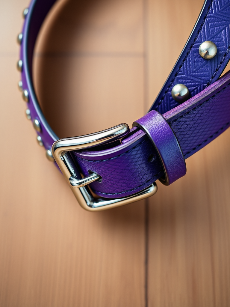 Create a high-resolution digital illustration of a stylish purple belt with silver studs and a shiny buckle, focus on a top-down view, using a DSLR camera with a 50mm lens, aperture f/2.8, ISO 100, and soft natural lighting for enhanced detail and texture.