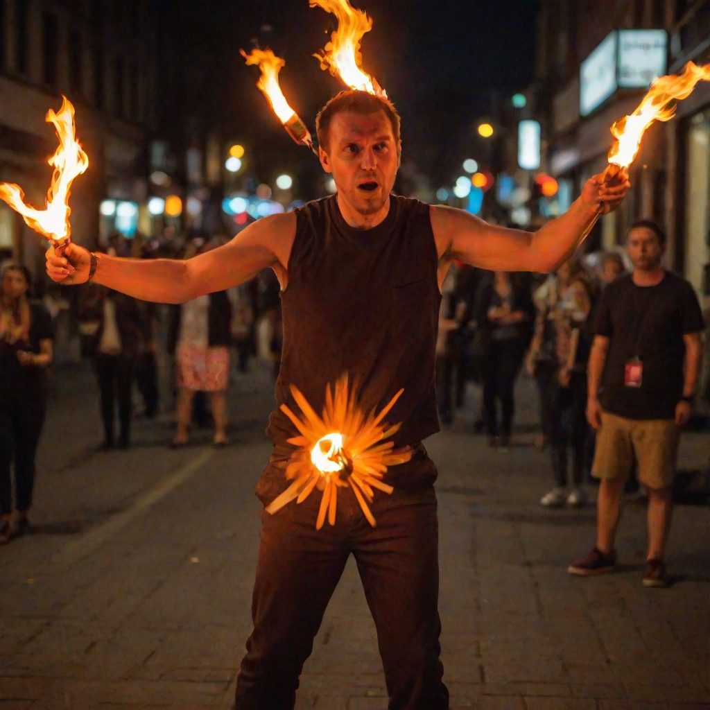 Blurry shot of a street performer juggling flaming torches at night, with soft orange and red light from the flames illuminating his concentrated expression, and a faint crowd in the background.