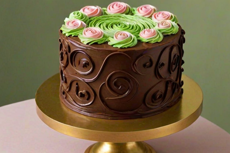 Create an elegant two-tier cake with a rich chocolate brown frosting and decorative green and pink buttercream swirls. The top tier should feature intricate rosettes and a garland design, with gold accents and small decorative elements throughout. Place the cake on a golden pedestal stand against a soft, neutral background.