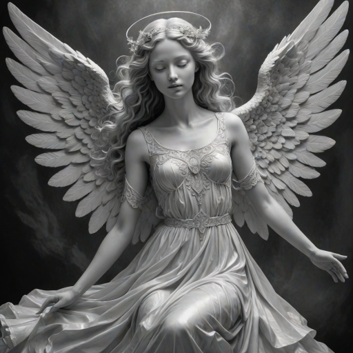 An angel, crafted in the unique style of Folk Art, as she unfolds herself against an ethereal backdrop, her wings softly billowing, face radiating a heavenly glow, every curl in her strikingly serene countenance finely brushed, monochrome, detailed techniques, ultra fine, breathtaking surreal masterpiece
