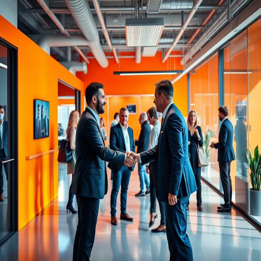 create a modern office scene with people interacting and shaking hands in a brightly colored environment, use a Canon EOS R5 with a 24-70mm f/2.8 lens, set aperture to f/4, ISO at 100, shutter speed 1/125s, wide-angle view, vibrant and sharp colors, focus on depth of field and clarity.