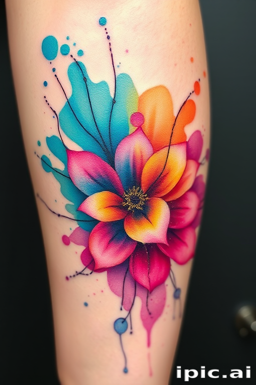 Vibrant watercolor splash tattoo called "Chromatic Cascade" featuring swirling hues of teal, magenta, and gold intertwining to form an abstract floral design with delicate linework accents and subtle white highlights