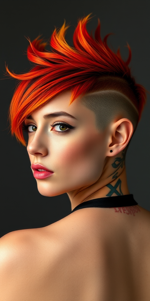 Rebellious portrait captures Molten Lava undercut, fiery red-orange short hair on top with shaved sides featuring flame-inspired designs and vibrant yellow tips