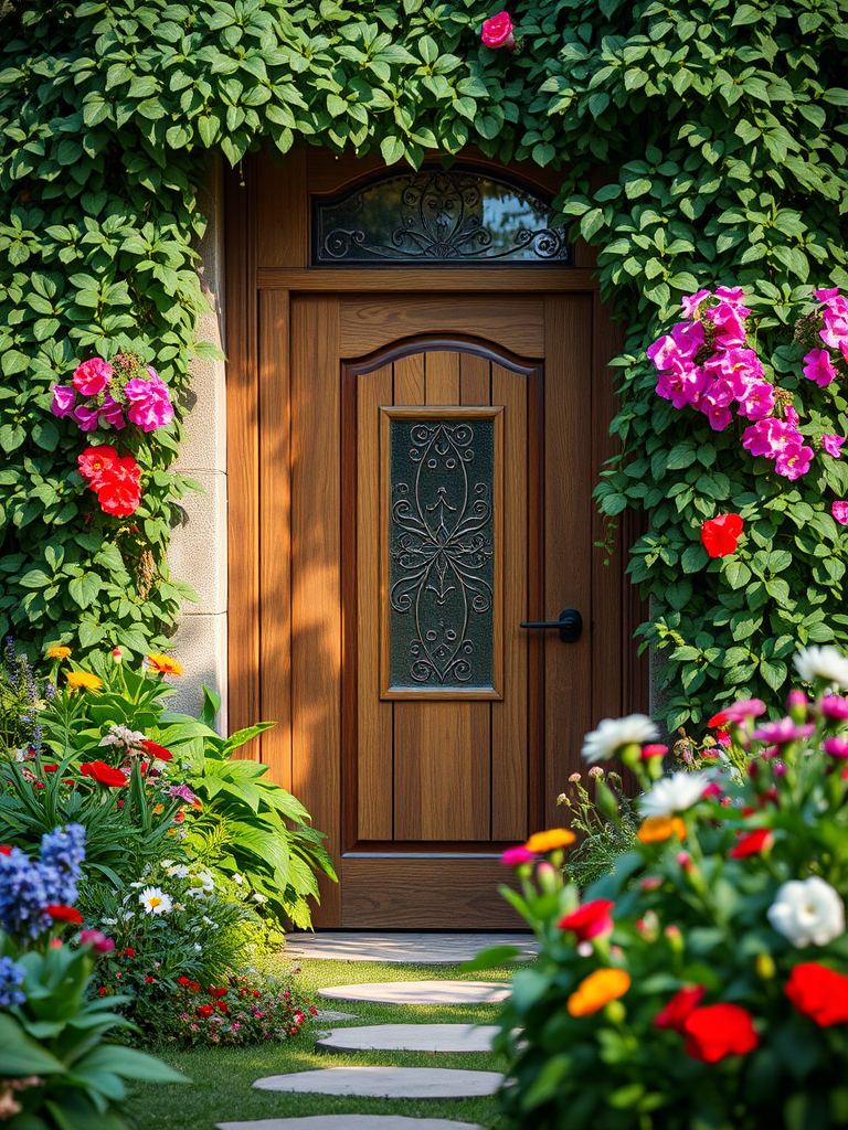 Create an enchanting scene of a wooden door surrounded by lush greenery and colorful flowers with intricate glasswork, using a DSLR camera, 50mm lens, aperture f/1.8, ISO 100, natural lighting, soft focus effect.