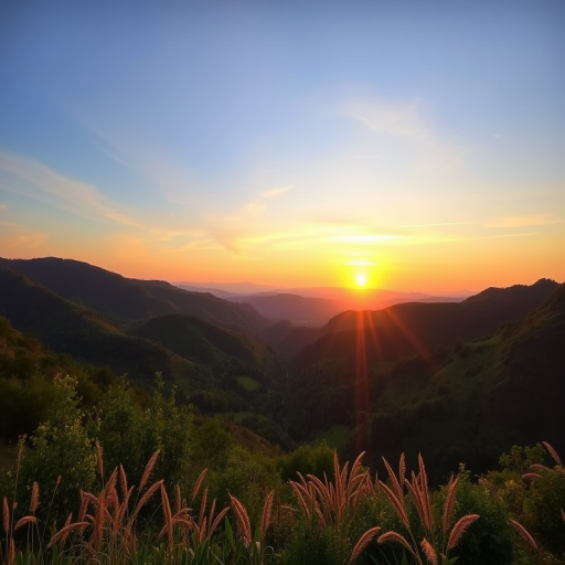 Wide-angle shot of a scenic valley at sunset with rolling hills and lush greenery, ISO 100, aperture f/8, shutter speed 1/200s, DSLR camera, landscape view, natural lighting.