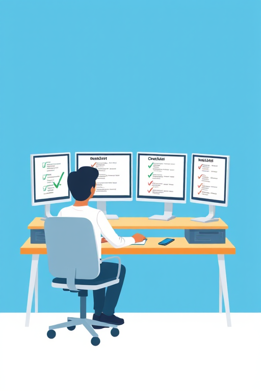 Create an illustration of a person working at a desk with multiple computer screens displaying checklists, in a minimalist style, using a Canon EOS R6 with a 50mm f/1.8 lens, aperture at f/4, ISO 100, 1/100s shutter speed, and a clean blue background.