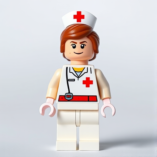 Generate an image of a Lego nurse character, bright and colorful, with a white outfit featuring a red cross, set against a simple background, using a DSLR camera with a 50mm lens, aperture set to f/2.8, ISO 100, and a soft bokeh effect.