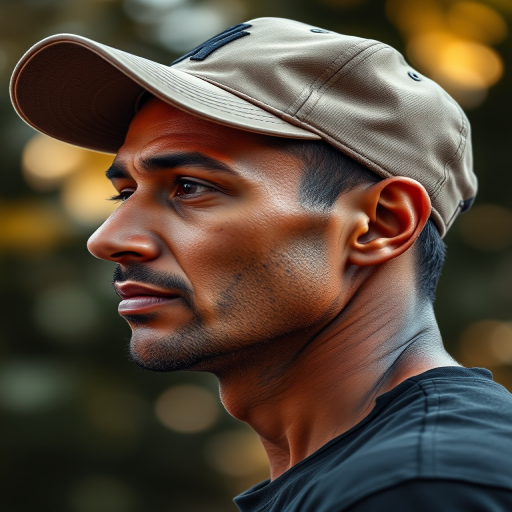 Generate a high-resolution side profile portrait of a man wearing a cap, with a soft-focus background, using a DSLR camera, 85mm lens, aperture f/1.8, ISO 100, and natural lighting to enhance detail and depth.