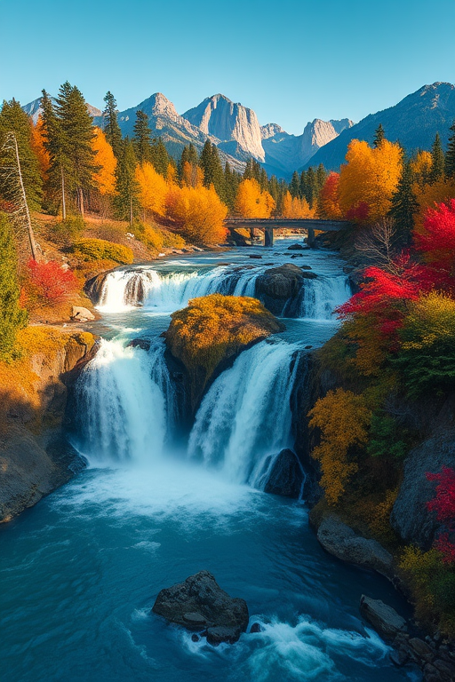 Generate a vibrant landscape of a majestic waterfall surrounded by autumn trees and mountains in the background, captured with a Canon EOS R5, settings at f/11, 1/250s, ISO 100, using a wide-angle lens for depth, in natural lighting for enhanced clarity and detail.