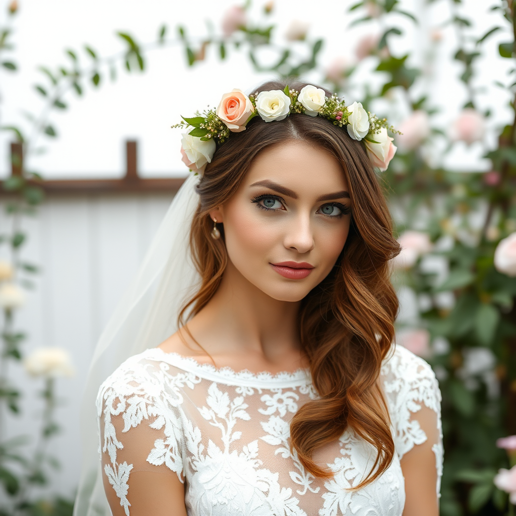 Garden scene, bridal model, delicate lace gown, floral headpiece, soft romantic focus, high-key lighting and an 85mm lens for soft, even tones that highlight the model’s face and bright outfit against a white or light background