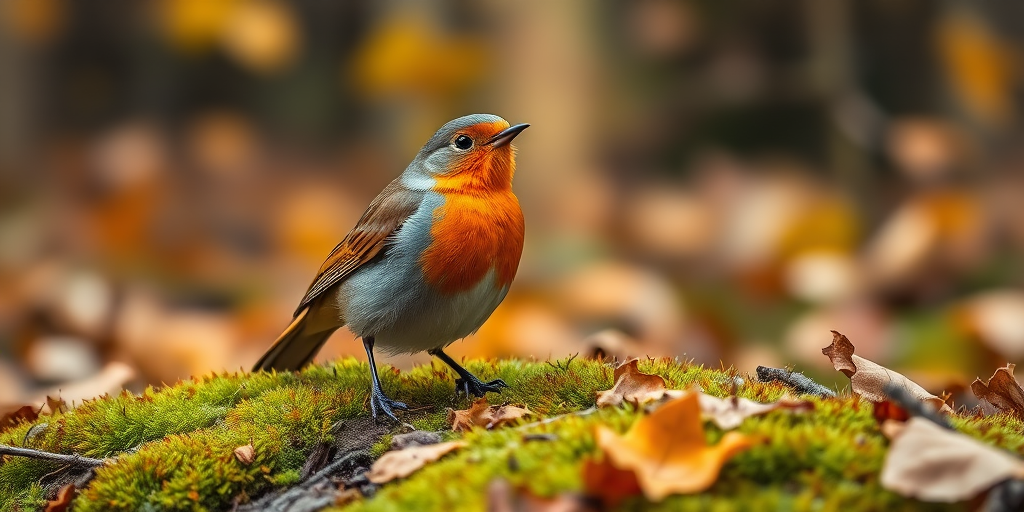 A close-up of a vibrant bird with orange and gray plumage perched on moss-covered ground amidst autumn leaves in a soft-focused forest background, captured with a DSLR camera at f/2.8 aperture, 50mm lens, ISO 200, and natural light for enhanced colors and depth of field.