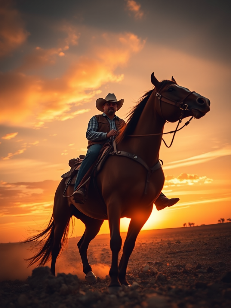 Create a high-resolution image of a cowboy riding a horse, capturing him in action with a dramatic pose, sunset backdrop with vibrant orange and gold hues, 50mm lens, f/2.8 aperture, ISO 200, 1/1000 shutter speed, shot from a low angle to emphasize movement and power.