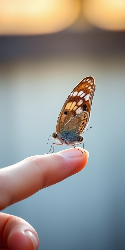 Generate an image of a butterfly perched delicately on a person's finger. The butterfly should have a mix of brown and gray wings with intricate patterns. The background should be softly blurred to emphasize the butterfly and the hand. The lighting should be natural and softly illuminated.