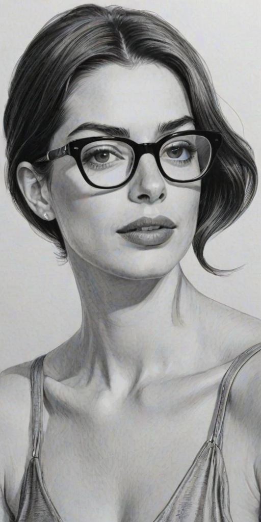 Sublime Anne Hathaway, pencil sketch, portrait of Magnificent woman 1966s in glasses, hair style beatnik, outline, clear lines, fine lines, 8k