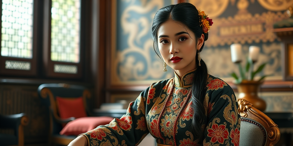 A beautiful Indonesian woman in traditional East Asian attire, intricately detailed with embroidered patterns, sitting gracefully in a richly decorated room, soft ambient lighting, serene and elegant, ultra-realistic, 8K resolution