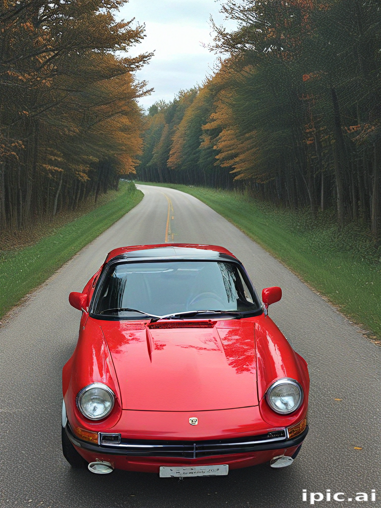 Classic Red Sports Car Driving Down a Scenic Tree-Lined Road
