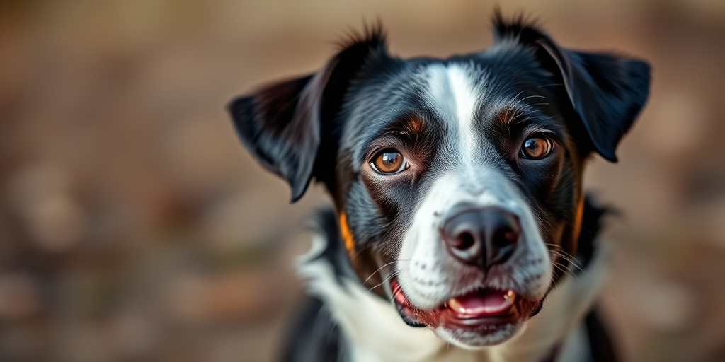 Create a high-resolution portrait of a black and white dog with a focus on its expressive features, using a 50mm lens, f/1.8 aperture, ISO 200, natural lighting, shallow depth of field, and a soft focus background for enhanced image quality.