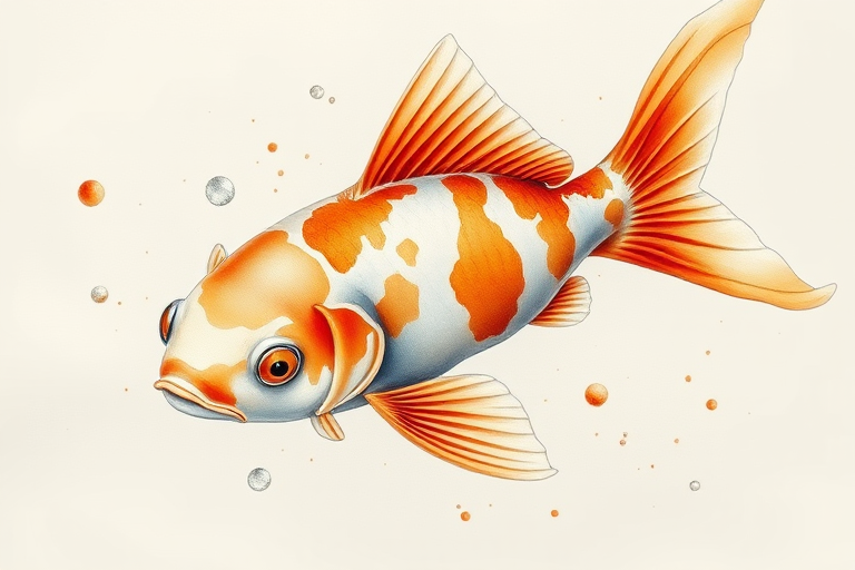 Create a detailed watercolor illustration of an orange and white koi fish swimming gracefully with flowing fins, using a Canon EOS R5 camera, f/4 aperture, 50mm lens, ISO 200, in natural light to enhance colors and textures.