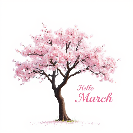 Generate an illustration of a solitary cherry blossom tree in full bloom, with soft pink petals, against a minimalist white background, with the text "Hello March" in elegant typography, shot with a Canon EOS R5, 50mm lens, aperture f/2.8, ISO 100, soft focus effect to enhance the dreamy quality.