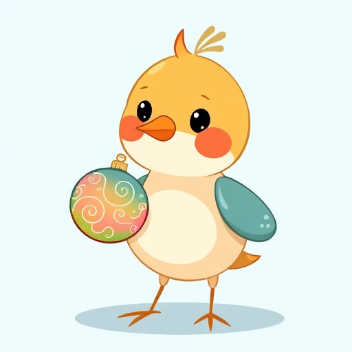 create a whimsical illustration of a cartoon bird holding a bauble with decorative swirls, set against a soft pastel blue background, captured with a high-resolution digital camera at f/8 aperture, 50mm lens, bright soft lighting and overhead angle for enhanced details.