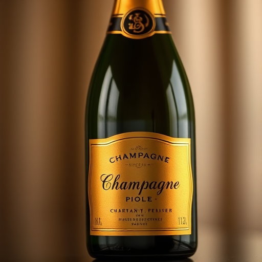 Create a high-resolution image of a bottle of Champagne with a pure gold label, set against a softly blurred background, using a DSLR camera at f/2.8 aperture, ISO 100, 50mm lens, soft lighting for an elegant effect.