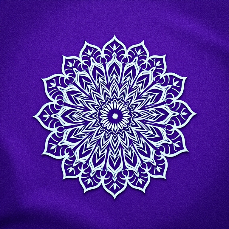 high-resolution image of a detailed mandala design on a textured purple background, shot with a DSLR camera, 50mm lens, f/1.8 aperture, ISO 100, natural lighting, top-down view for symmetry and depth
