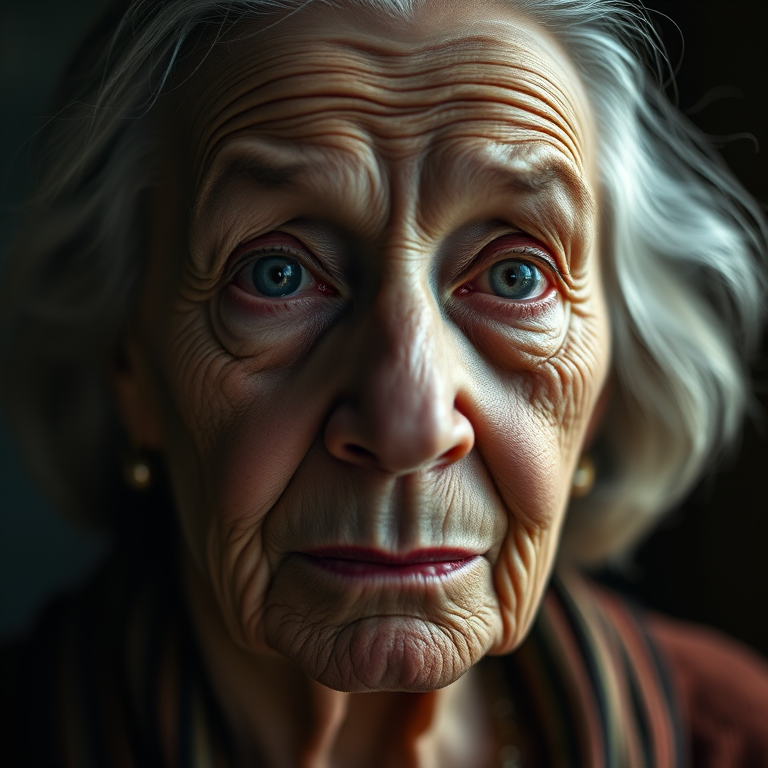 Close-up portrait of an elderly woman with expressive features, captured in a dramatic lighting setting, ISO 100, aperture f/2.8, shutter speed 1/200s, 85mm lens, soft focus background to enhance details, using a full-frame DSLR camera.