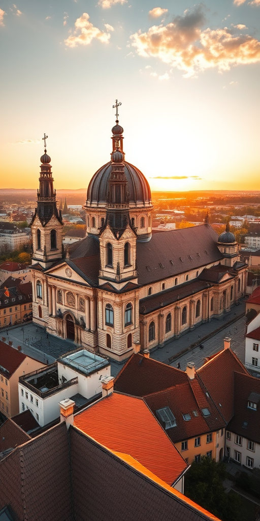 capture a high-resolution image of St. Peter and Paul's Cathedral in Brno, Czech Republic during golden hour, using a 50mm lens, f/8 aperture, ISO 100, 1/200 sec shutter speed, shot from a rooftop viewpoint for a panoramic effect