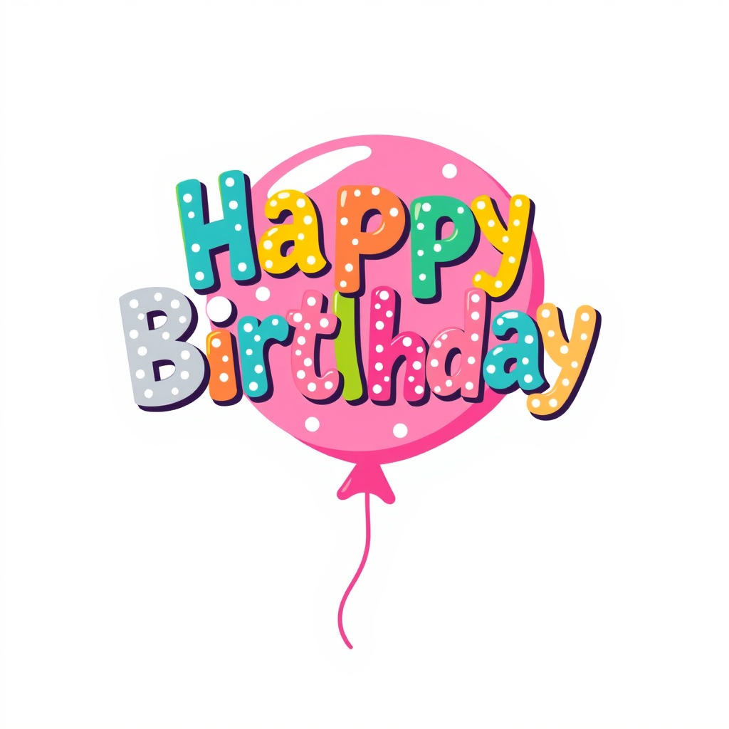 Create a colorful illustration of a pink balloon with the words Happy Birthday in playful, bold lettering that includes white polka dots and a whimsical design. The background should be simple and light to emphasize the balloon.