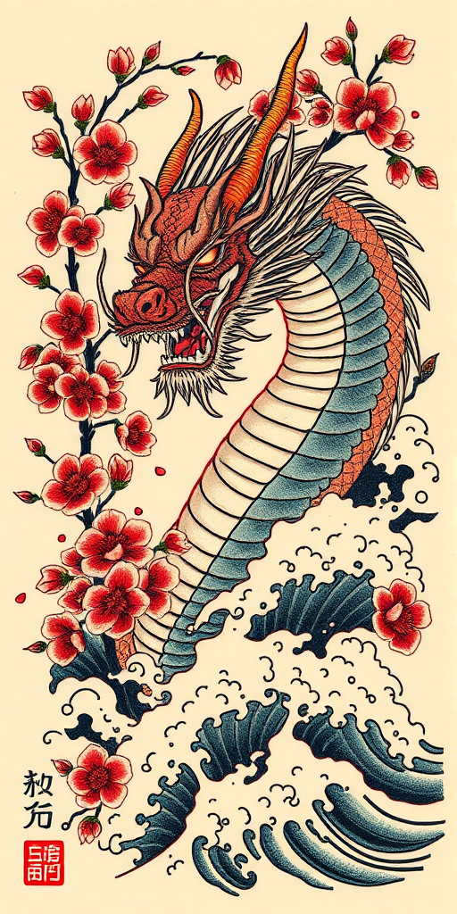 Japanese irezumi tattoo named "Dragon's Breath" showcasing a fierce dragon emerging from cherry blossoms and crashing waves in rich traditional colors and bold outlines