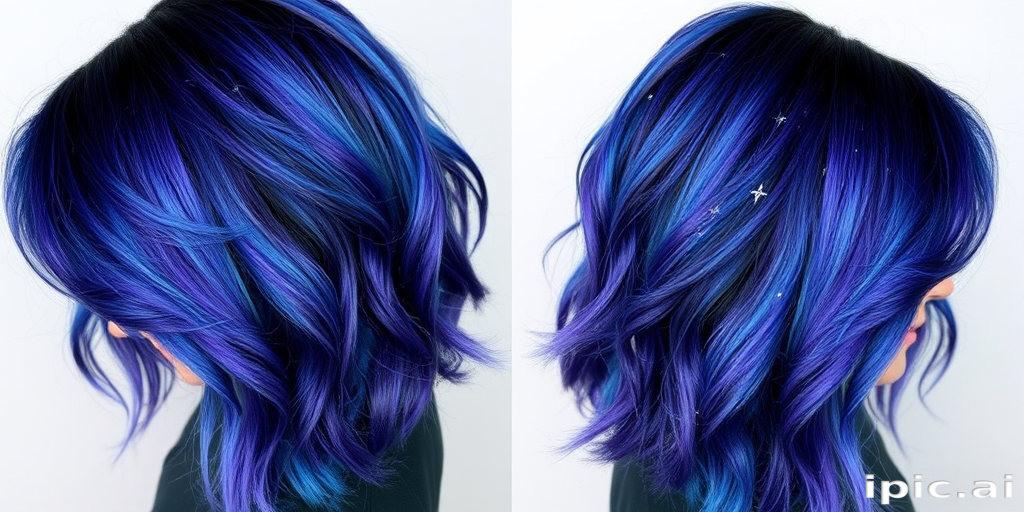 Mesmerizing galaxy-inspired hair color melding deep indigo, teal, and violet hues, styled by Nova Starlight, featuring a long shag cut with wispy bangs and star-shaped glitter accents scattered throughout