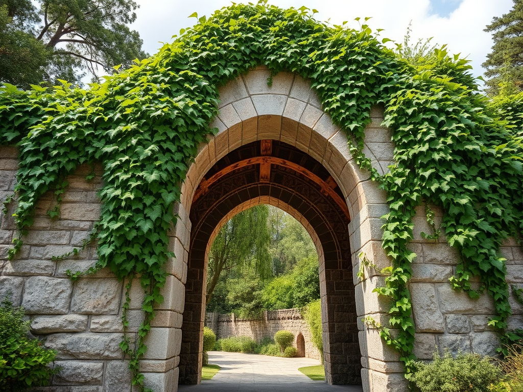 Create a photorealistic image of an ancient stone archway covered in lush green vines with vibrant details and textures, using a DSLR camera with a 50mm lens, aperture set to f/1.8, ISO 200, natural lighting, from a low angle view to emphasize height and grandeur.
