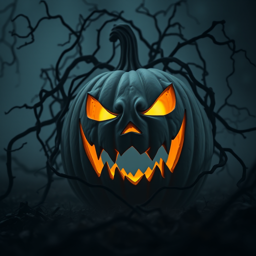 Create a high-resolution image of a menacing carved white pumpkin with glowing eyes and jagged teeth, entangled in dark, twisted vines on a foggy ground, captured with a Canon EOS R5, 35mm lens, f/1.8 aperture, ISO 100, and a moody, atmospheric low-angle view.