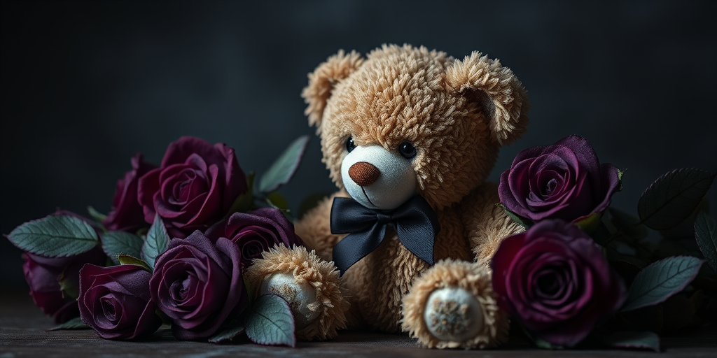 Create a moody still life composition featuring a plush teddy bear surrounded by dark purple roses and leaves, use a Canon EOS R5, 50mm lens, aperture f/1.8, ISO 100, shutter speed 1/125s, soft lighting to enhance textures and colors.